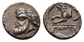 CIMMERIAN BOSPOROS. Pantikapaion. Obol (circa 380-370 BC).

Obv: Head of satyr left.
Rev: ΠΑNTI.
Forepart of lion left; crescent to right.

MacDonald ...
