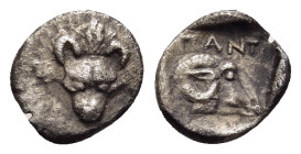 CIMMERIAN BOSPOROS. Pantikapaion. Hemiobol (circa 390-380 BC).

Obv: Lion's head facing.
Rev: ΠΑNT.
Head of ram right within incuse square.

MacDonald...