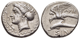 PAPHLAGONIA. Sinope. Drachm (330-300 BC). Aris-, magistrate.

Obv: Head of nymph left, hair in sakkos; aphlaston before.
Rev: ΑΡΙΣ / ΣINΩ 
Sea eagle o...