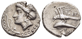 PAPHLAGONIA. Sinope. Drachm (330-300 BC). Thet-, magistrate.

Obv: Head of nymph left, hair in sakkos; aphlaston before.
Rev: ΘET / ΣIN.
Sea eagle on ...