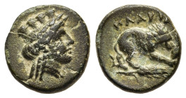 MYSIA. Plakia. AE (4th century BC).

Obv: Turreted head of Kybele right.
Rev: ΠΛΑΚΙΑ.
Lion, devouring prey, standing right on grain ear right.

SNG BN...