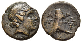 LESBOS. Antissa. AE (3rd century BC).

Obv: Head of Apollo right, wearing TAEnia.
Rev: A - N/ T - IΣ
Head of Dionysos Phallen right, wearing tall head...