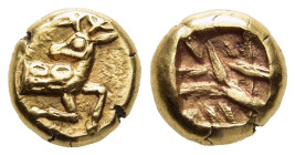 IONIA. Ephesos. Phanes (circa 625-600 BC). Electrum Hekte.

Obv: Forepart of stag right, head reverted.
Rev: Abstract geometric pattern within incuse ...