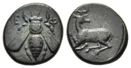 IONIA. Ephesos. AE (circa 390-300 BC). Uncertain magistrate.

Obv: E - Φ.
Bee.
Rev: [magistrate]
Stag kneeling left, head right; above, astragalos.

S...