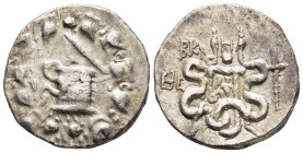 IONIA. Ephesus. Cistophorus (180-67 BC).

Obv: Cista mystica with half opened lid, from which a serpent emerges left; all within ivy wreath.
Rev: Bow ...