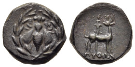 IONIA. Ephesos. AE (circa 50-27 BC). Python, magistrate.

Obv: E - Φ.
Bee within laurel wreath.
Rev: ΠYΘΩN.
Stag standing right, head left; torch behi...