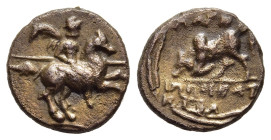 IONIA. Magnesia ad Maeandrum. AE (3rd century BC). Uncertain magistrate.

Obv: Warrior, holding spear, on horse rearing right.
Rev: ΜΑΓΝ / [...].
Bull...