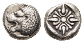 IONIA. Miletos. Diobol (6th-5th centuries BC).

Obv: Forepart of lion right, head left.
Rev: Stellate floral design within incuse square.

SNG Kayhan ...