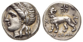 IONIA. Miletos. Drachm (Circa 350-325 BC). Artemon, magistrate.

Obv: Laureate head of Apollo left.
Rev. Lion standing left, looking back at star with...