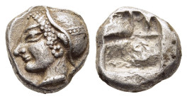 IONIA. Phokaia. Diobol (circa 521-478 BC).

Obv: Archaic head of Athena left.
Rev: Quadripartite incuse punch.

SNG Kayhan 522.

Condition: Extremely ...