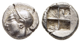 IONIA. Phokaia. Diobol (circa 521-478 BC).

Obv: Archaic head of Athena left.
Rev: Quadripartite incuse punch.

SNG Kayhan 522.

Condition: Extremely ...