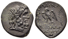 LYDIA. Blaundus. AE (2nd-1st centuries BC). Apollonios, son of Theogenes, magistrate.

Obv: Laureate head of Zeus right.
Rev: MΛAYNΔEΩN / AΠOΛΛΩNI ΘEO...