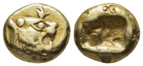KINGS OF LYDIA. Time of Alyattes to Kroisos (circa 620/10-550/39 BC). Electrum Trite or 1/3 Stater. Sardes.

Obv: Head of roaring lion right, with sta...