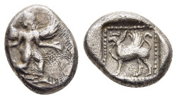 CARIA. Kaunos. Trihemiobol (circa 490-470 BC)

Obv: Winged female figure advancing right, head left. 
Rev: Griffin standing left, with foreleg raised,...