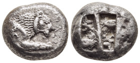 CARIA. Mylasa(?) Stater (circa 520-490 BC).

Obv: Forepart of lion right; symbol on shoulder.
Rev: Two rectangular incuses.

Cf. SNG von Aulock 8033.
...