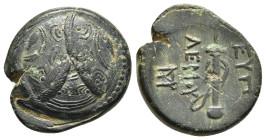 CARIA. Mylasa. Eupolemos (Strategos, circa 295-280 BC). AE.

Obv: Three overlapping shields, with spearheads on bosses.
Rev: EYΠO / ΛEMOY.
Sword-in-sh...