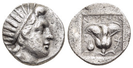 CARIA. Rhodes. Drachm (circa 190-170 BC). Artemon, magistrate.

Obv: Radiate head of Helios right.
Rev: APTEMΩN / P - O.
Rose with bud to right; Isis ...