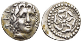 CARIA. Rhodes. Drachm (circa 88/42 BC-AD 14). Kritokles, magistrate.

Obv: Radiate head of Helios facing slightly right.
Rev: P - O / KPITOKΛHΣ.
Rose ...