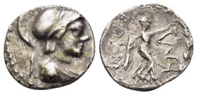 CARIA. Tabai. Hemidrachm (circa 80-50 BC). Uncertain magistrate.

Obv: Helmeted and draped bust of Athena right.
Rev: TABHNΩN / [...]
Nike advancing r...