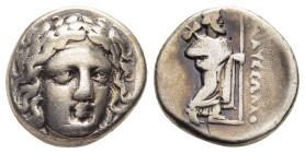 SATRAPS OF CARIA. Maussolos (circa 377/6-353/2 BC). Drachm. Halikarnassos.

Obv: Laureate head of Apollo facing slightly right.
Rev: MAYΣΣΩΛΛON.
Zeus ...