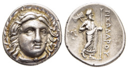 SATRAPS OF CARIA. Pixodaros (Circa 341/0-336/5 BC). Drachm.

Obv: Laureate head of Apollo facing slightly right, with drapery at neck.
Rev: ΠIΞΩΔAPOY....