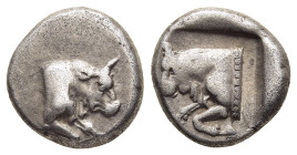 CARIA. Uncertain. Hemidrachm (circa 5th century BC).

Obv: Forepart of bull right.
Rev: Forepart of bull left within incuse square.

Cf. SNG Kayhan 97...