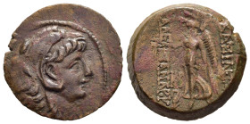 SELEUKID KINGDOM. Alexander II Zabinas (128-122 BC). AE. Antioch.

Obv: Head right, wearing lion skin.
Rev: BAΣIΛEΩΣ AΛΕΞΑΝΔΡΟΥ.
Nike advancing left, ...