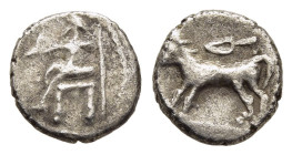 ALEXANDRINE EMPIRE. Time of Stamenes to Seleukos (Satraps of Babylon, circa 328-311 BC). Hemiobol.

Obv: Baal seated left, holding sceptre and eagle(?...