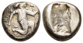 ACHAEMENID EMPIRE. Time of Dareios I to Xerxes II. Siglos (circa 420-350 BC). Sardes.

Obv: Persian king in kneeling-running stance right, holding dag...