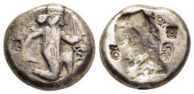 ACHAEMENID EMPIRE. Time of Dareios I to Xerxes II. Siglos (circa 420-350 BC). Sardes.

Obv: Persian king in kneeling-running stance right, holding dag...