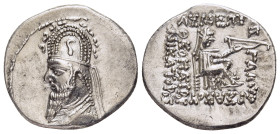 KINGS of PARTHIA. Sinatrukes (93-69 BC). Drachm. Rhagae.

Obv: Diademed and draped bust of Sinatrukes to left, wearing tiara decorated with horn and s...