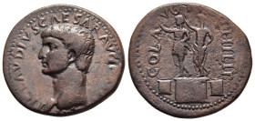 MACEDON. Philippi. Claudius (41-54). AE.

Obv: TI CLAVDIVS CAES AVG IMP M TR P P P.
Bare head left.
Rev: COL AVG IVL PHILIP.
Statues of Divus Augustus...
