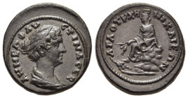 BITHYNIA. Nicaea. Faustina II (Augusta, 147-175).

Obv: ΑΝΝΕΑ ΦΑVSΤΙΝΑ SΕΒ.
Draped bust right.
Rev: ΑΓΑΘ ΤVΧΗ ΝΙΚΑΙΕΩΝ.
Tyche of Nicaea seated left on...