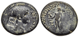 PHRYGIA. Eumeneia. Nero (54-68). AE, Julius Cleon, archiereus of Asia. 

Obv: Bare-headed and draped bust right; c/m: labrys and bull.
Rev: Apollo sta...