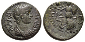 PAMPHYLIA. Side. Nero (54-68). AE.

Obv: NЄPωN KAICAP.
Bareheaded and draped bust right.
Rev: CIΔ - HT.
Athena advancing right, holding spear and shie...