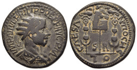 PISIDIA. Antioch. Philip II (247-249). AE.

Obv: IMP M IVL PHILIPPVS P F AVG P M.
Radiate, draped and cuirassed bust right.
Rev: CAES ANTIOCH COL / S ...