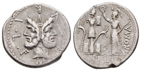 M. FURIUS L.f. PHILUS (120 BC). Denarius. Rome.

Obv: M FOVRI L F.
Head of Janus.
Rev: ROMA (PH)LI.
Roma standing left, holding scepter and crowning t...