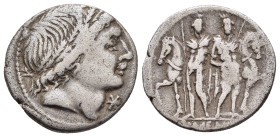 L. MEMMIUS. Denarius (109-108 BC). Rome.

Obv: Male head right, wearing oak wreath; below chin, star (mark of value).
Rev: L MEMMI.
The Dioscuri stand...