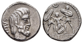 L. TITURIUS L.F. SABINUS. Denarius (89 BC). Rome.

Obv: SABIN.
Bareheaded and bearded head of King Tatius right; [palm frond to lower right].
Rev: L T...