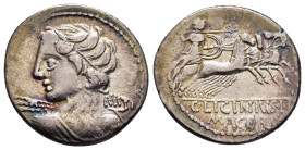 C. LICINIUS L.F. MACER. Denarius (84 BC). Rome.

Obv: Bust of Apollo Vejovis left, seen from behind and with drapery on left shoulder, preparing to hu...