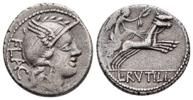 L. RUTILIUS FLACCUS. Denarius (77 BC). Rome.

Obv: FLAC.
Helmeted head of Roma right.
Rev: L RVTILI.
Victory, holding reins and wreath, driving biga r...
