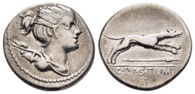 C. POSTUMIUS. Denarius (73 BC). Rome.

Obv: Draped bust of Diana right, with bow and quiver over shoulder.
Rev: C POSTVMI.
Hound springing right; belo...