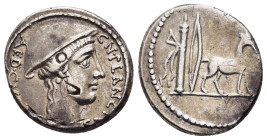 CN. PLANCIUS. Denarius (55 BC). Rome.

Obv: CN PLANCIVS / AED CVR SC.
Head of Diana Planciana right, wearing petasus.
Rev: Cretan goat standing right;...