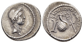 JULIUS CAESAR. Denarius (42 BC). Rome. L. Mussidius Longus, moneyer.

Obv: Laureate head of Caesar right.
Rev: L MVSSIDIVS LONGVS.
Rudder, cornucopia ...