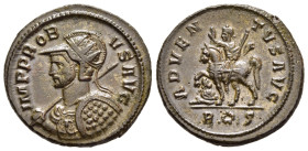 PROBUS (276-282). Antoninianus. Rome.

Obv: IMP PROBVS AVG.
Radiate, helmeted and cuirassed bust left, holding spear and shield.
Rev: ADVENTVS AVG / R...