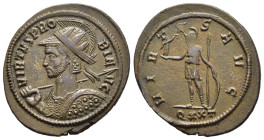 PROBUS (276-282). Antoninianus. Ticinum.

Obv: VIRTVS PROBI AVG.
Radiate, helmeted and cuirassed bust left, holding spear and shield.
Rev: VIRTVS AVG ...