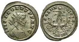 PROBUS (276-282). Antoninianus. Siscia.

Obv: IMP PROBVS P F AVG.
Radiate and cuirassed bust right.
Rev: SOLI INVICTO / XXIVI.
Sol, with head left and...