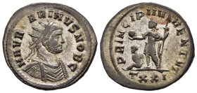 CARINUS (Caesar, 282-283). Antoninianus. Ticinum.

Obv: M AVR CARINVS NOB C.
Radiate, draped and cuirassed bust right.
Rev: PRINCIPI IVVENTVT / TXXI.
...