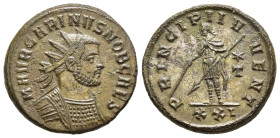 CARINUS (Caesar, 282-283). Antoninianus. Siscia.

Obv: M AVR CARINVS NOB CAES.
Radiate and cuirassed bust right.
Rev: PRINCIPI IVVENT / * / T / XXI.
C...