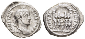 CONSTANTIUS I (Caesar, 293-305). Argenteus. Rome.

Obv: CONSTANTIVS CAES.
Laureate head right.
Rev: VICTORIA SARMAT.
The Tetrarchs sacrificing over tr...